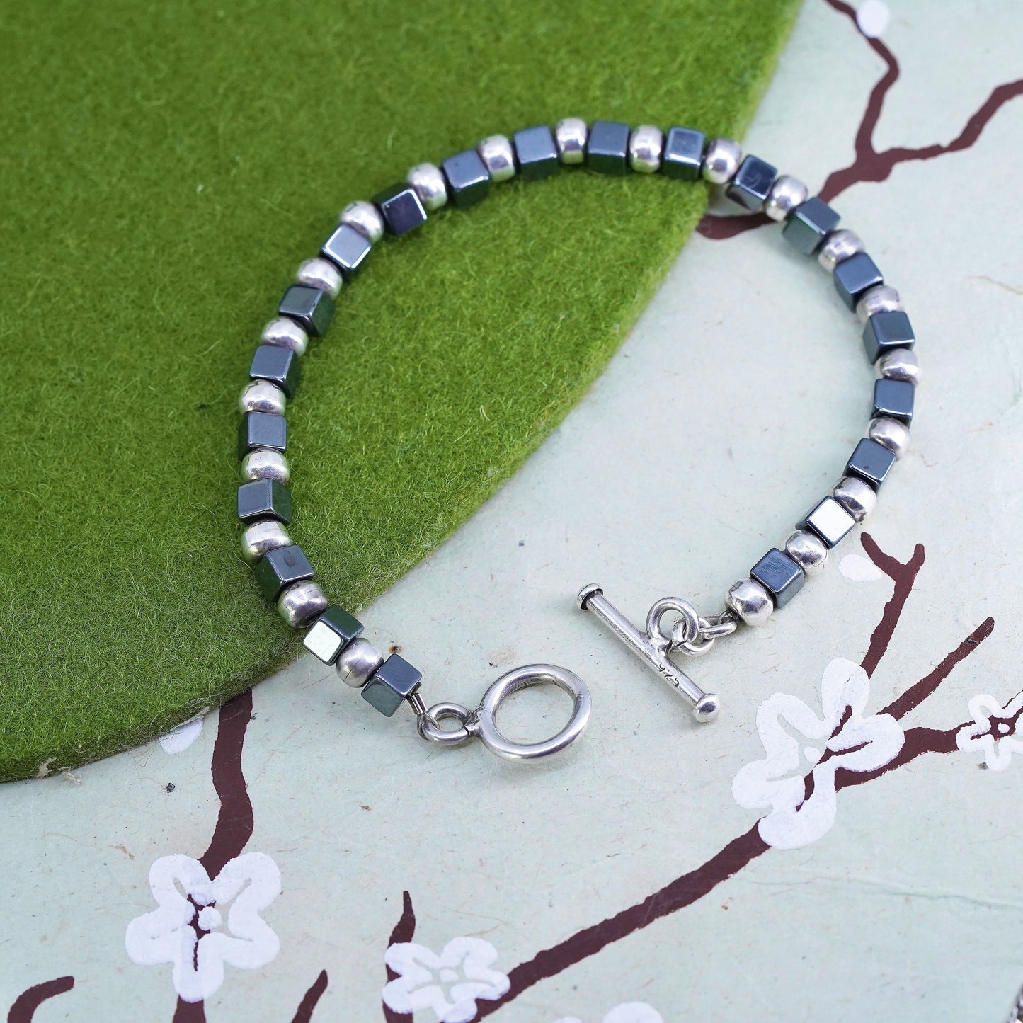 7”, Vintage handmade bracelet, hematite cubes with 925 silver beads chain
