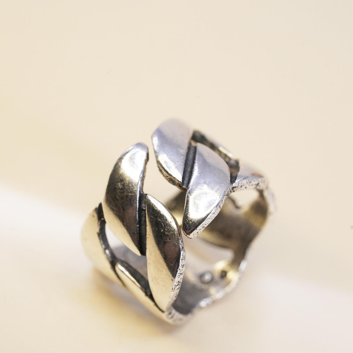 Size 6, Sterling Silver 925 Wide Open Link Chain Ring, Chunky Modernist Band