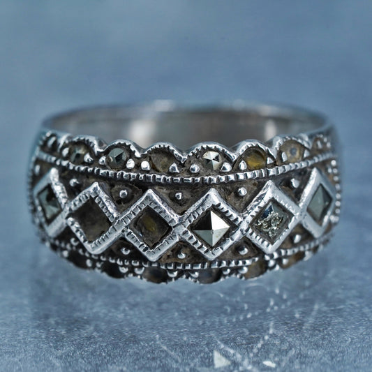 Size 6.75, vintage Sterling 925 silver handmade band ring with marcasite