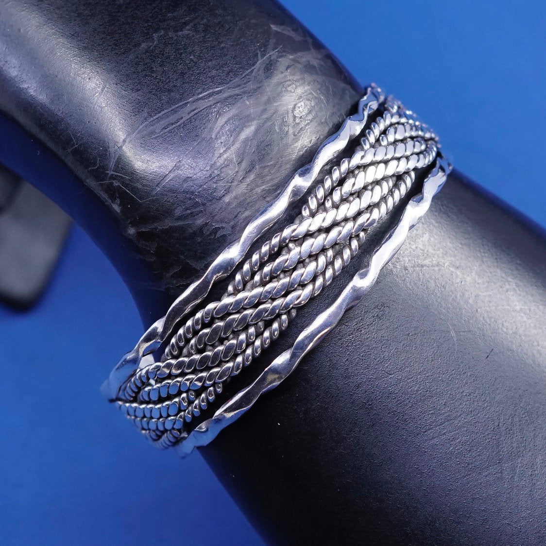 6.75", vtg Mexico sterling silver handmade bracelet wide 925 twisted cable cuff
