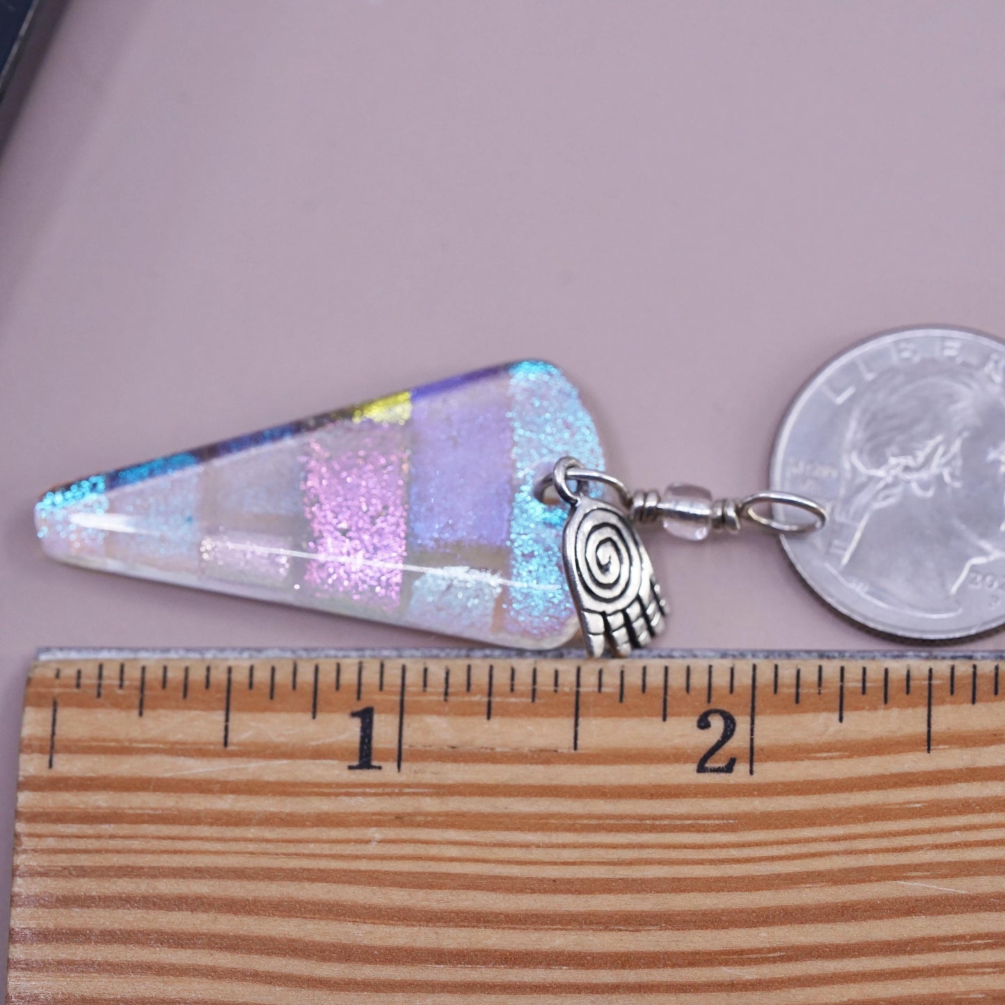 VTG sterling silver Pendant, 925 healing hand charm triangular artisan glass