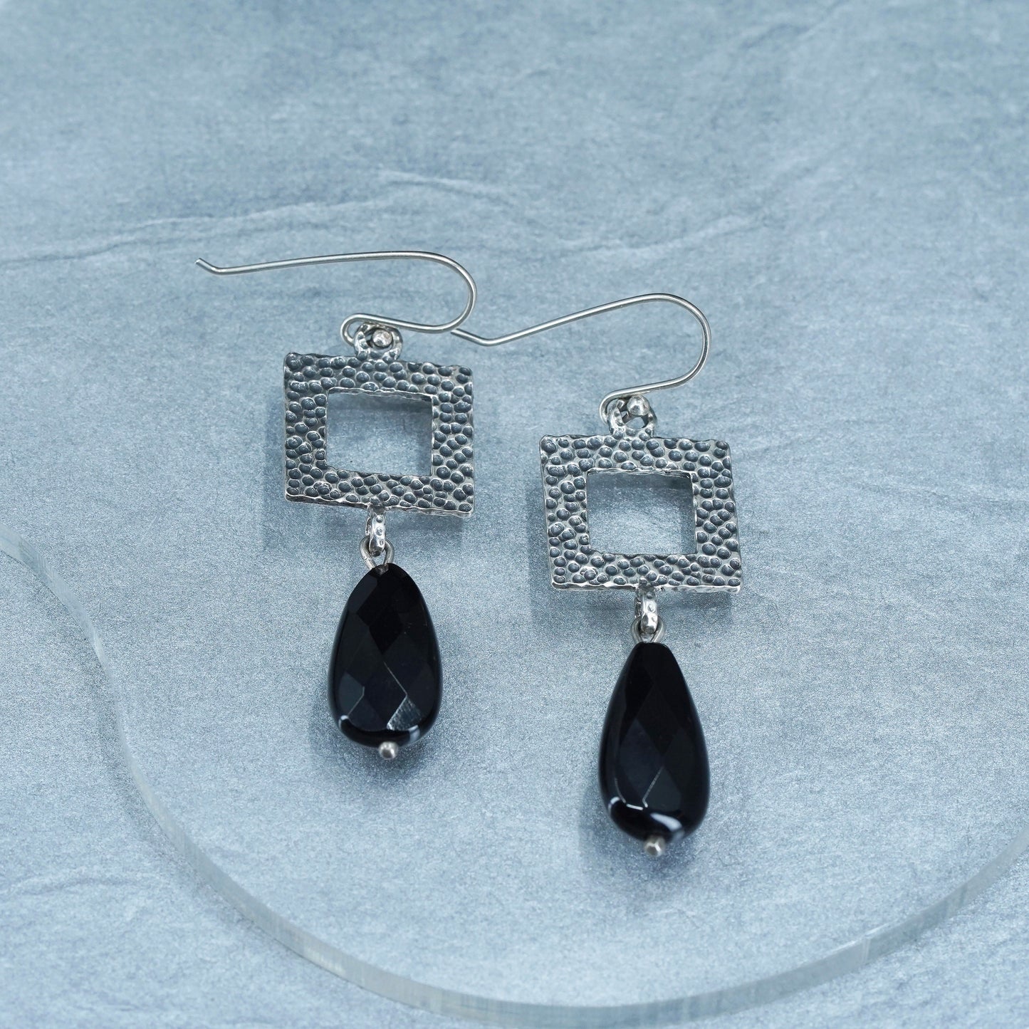 Vintage Sterling silver handmade earrings, 925 square w/ teardrop onyx dangles