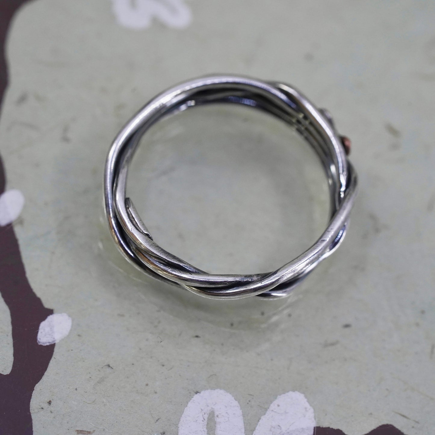 Size 10, two tone sterling silver entwined ring, 925 multiple band copper heart
