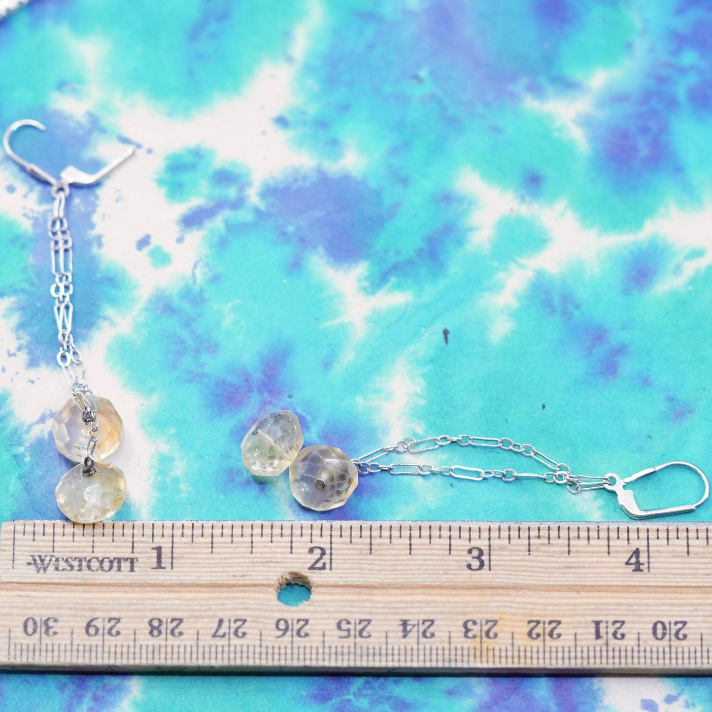 Vintage sterling silver handmade earrings, 925 chain drop with citrine nugget
