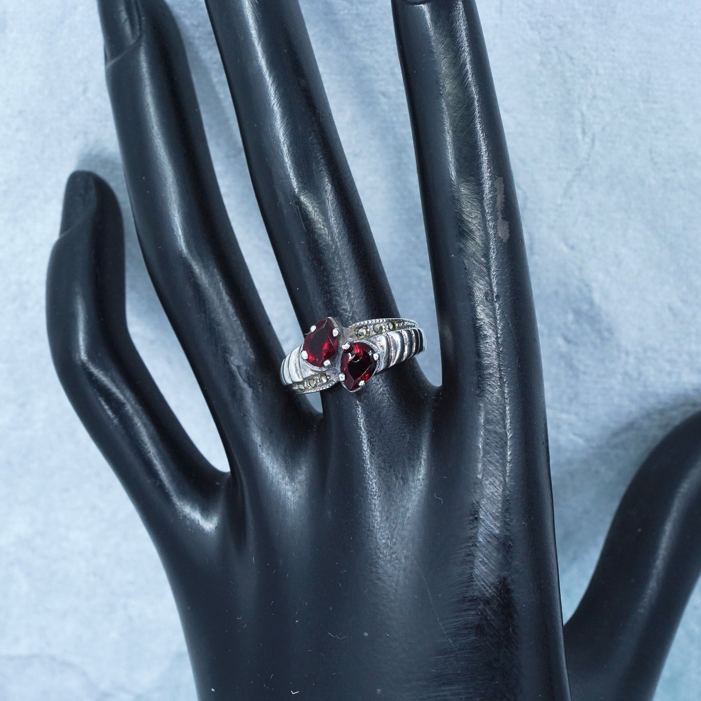 Size 7.5, designer Sterling 925 silver handmade statement ring ruby marcasite