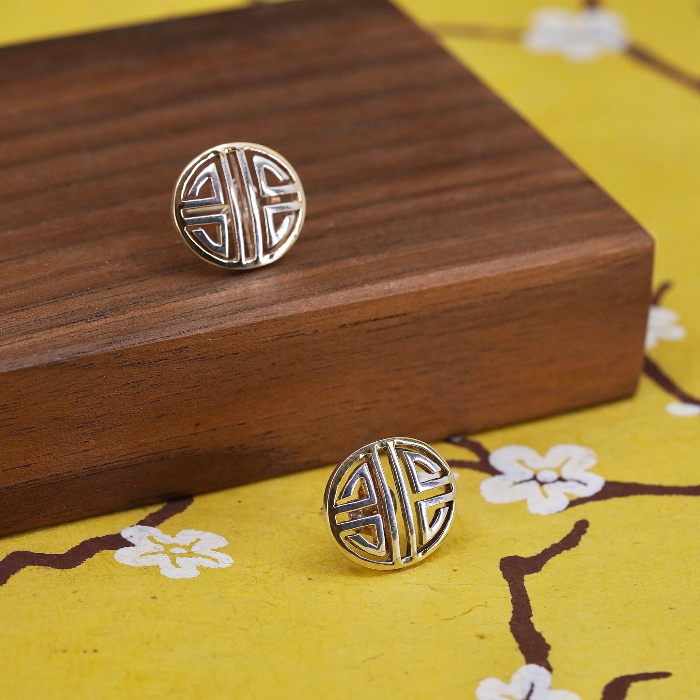Vintage Sterling silver handmade earrings, 925 greek key oval studs