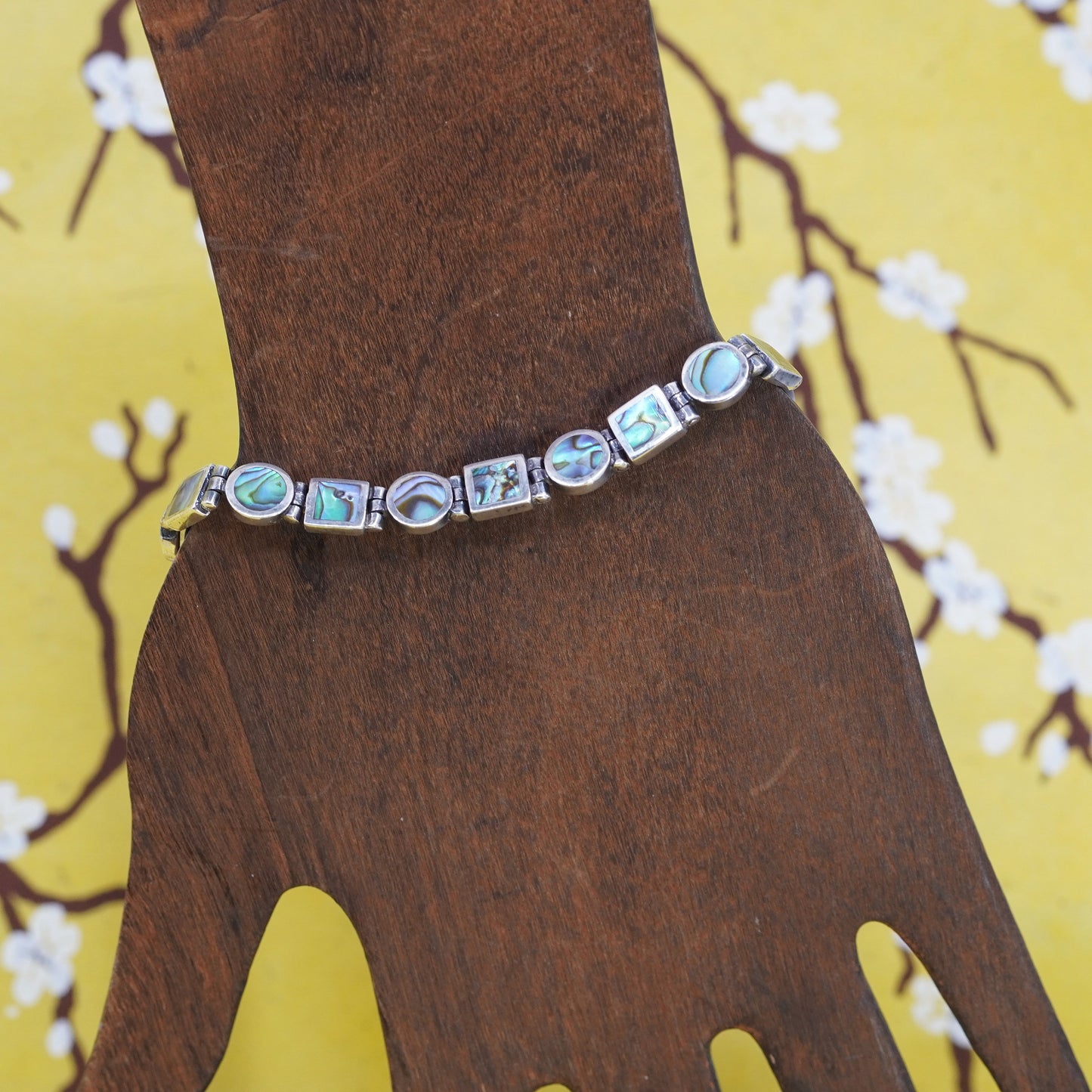 6.25”, vintage Sterling 925 silver tennis bracelet with abalone inlay