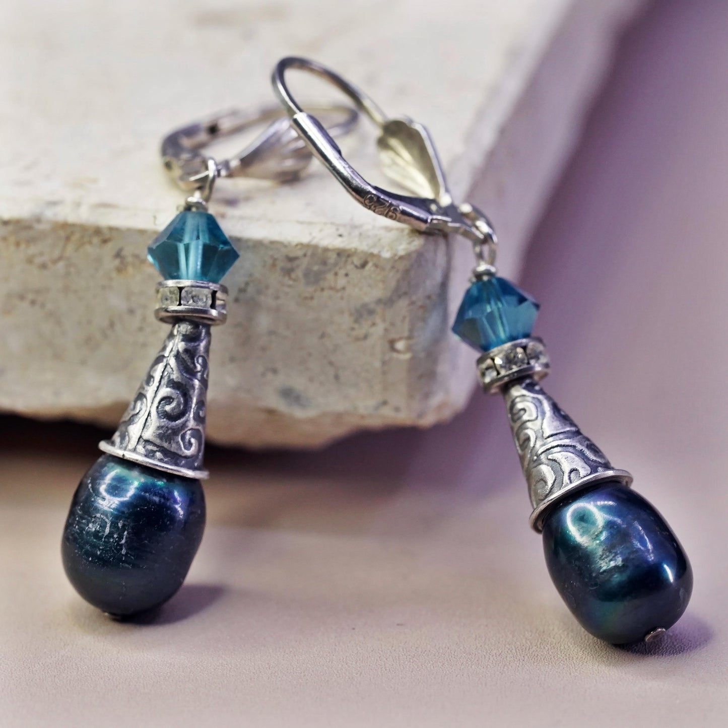 Vintage antique Sterling 925 silver handmade earrings with teardrop black pearl