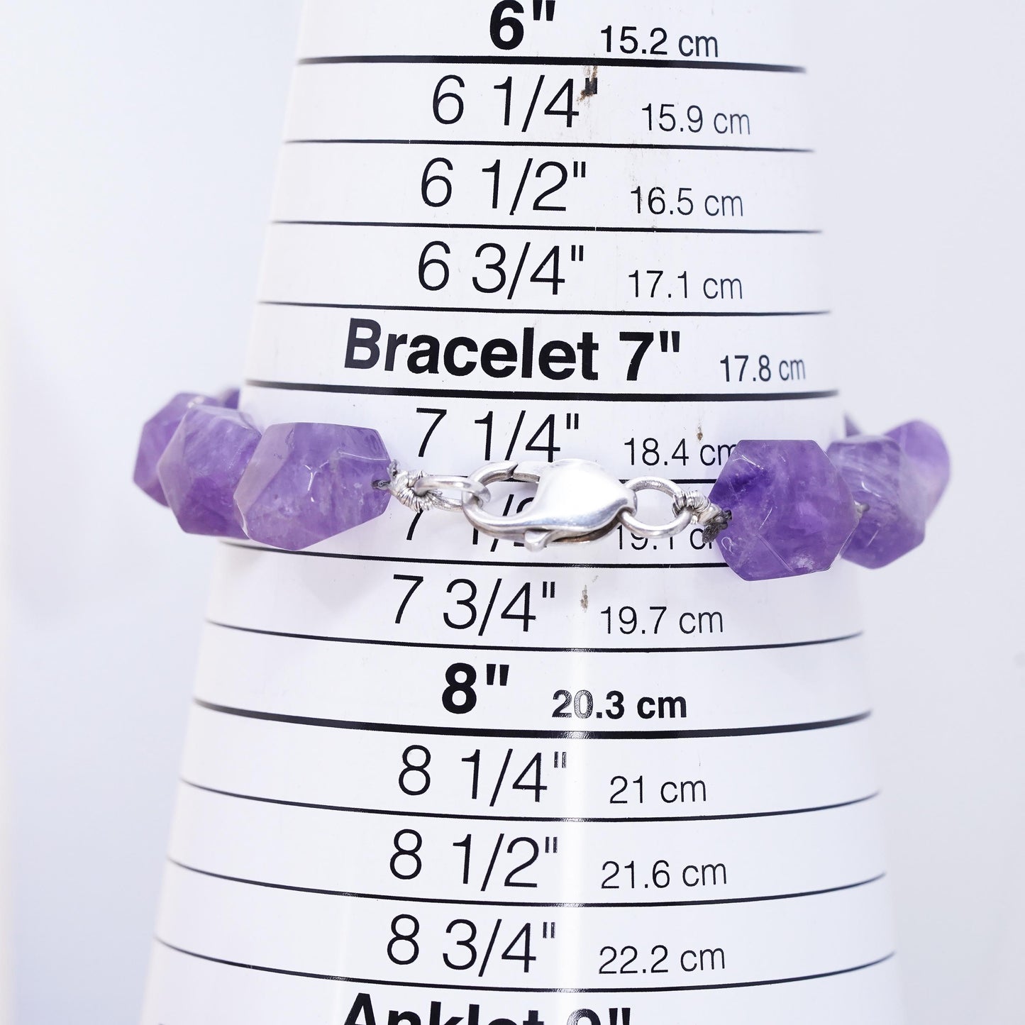 7.5" Vintage Sterling 925 silver handmade bracelet, natural amethyst nugget