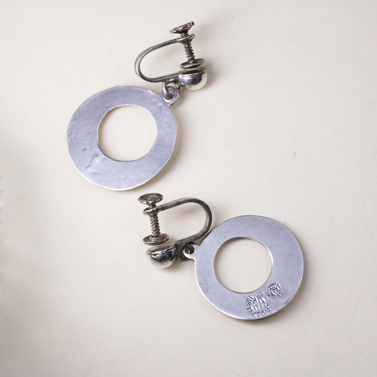 VTG Mexican Sterling silver handmade earrings, 925 screw back circle dangles