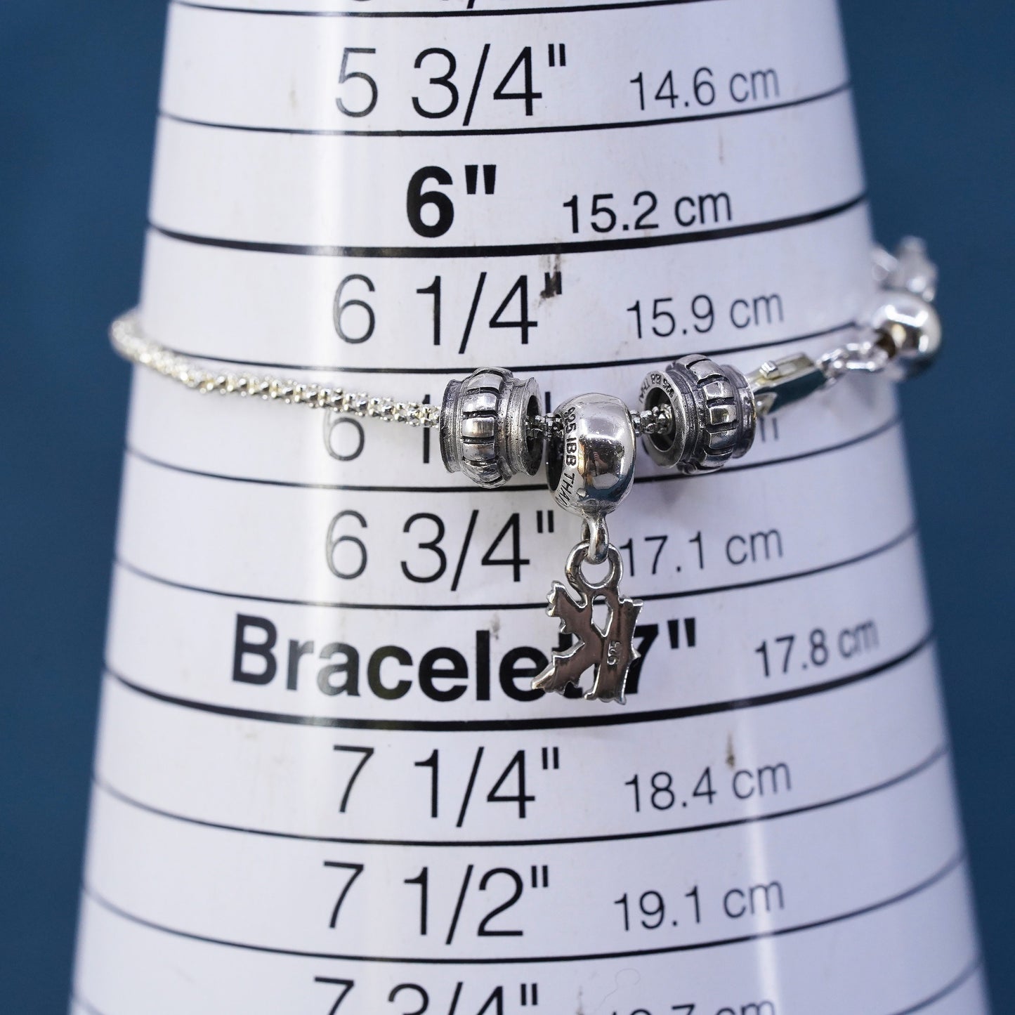 6.5", sterling silver bracelet, 925 popcorn chain w/ divider bead and letter K