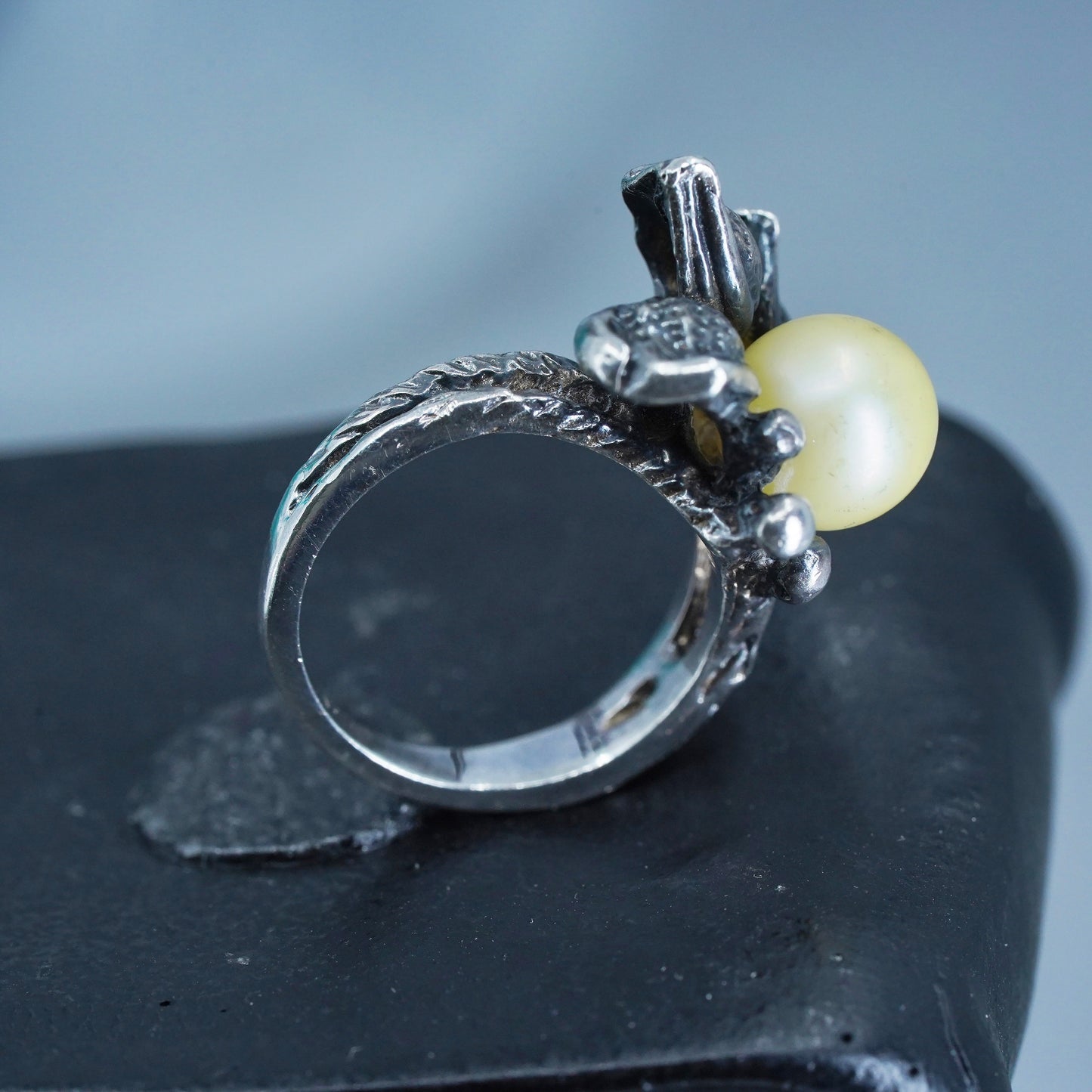 Size 3, vintage Sterling 925 silver handmade Lily flower ring with pearl
