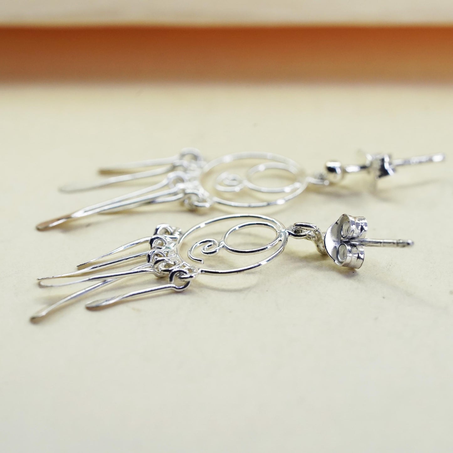 Vintage Sterling 925 silver handmade circle earrings with fridge dangles