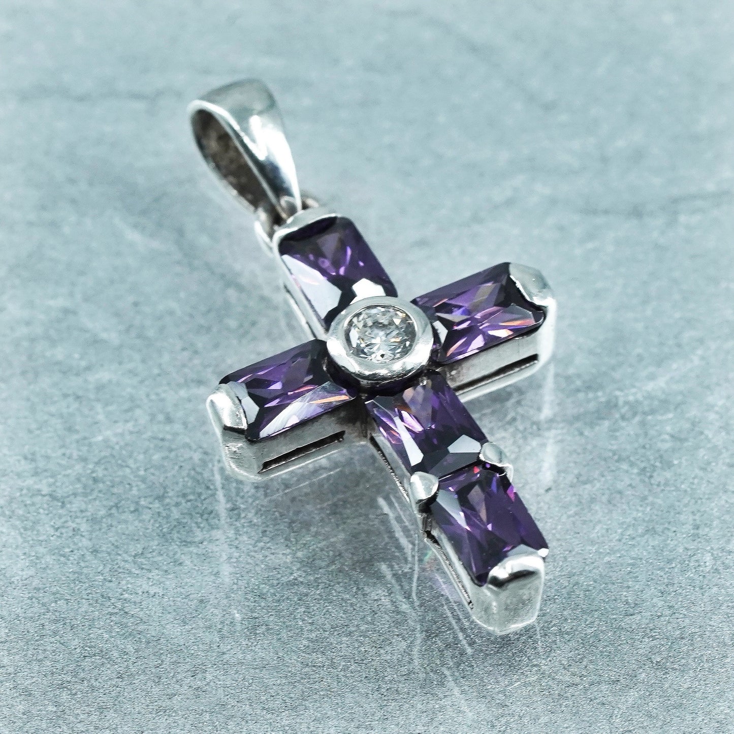 vintage sterling 925 silver handmade cross pendant with amethyst