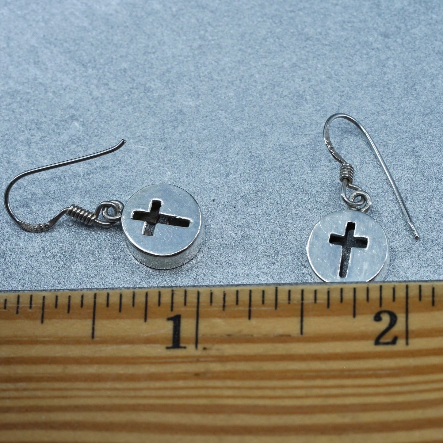 Vintage sterling 925 silver handmade earrings, circle with cross