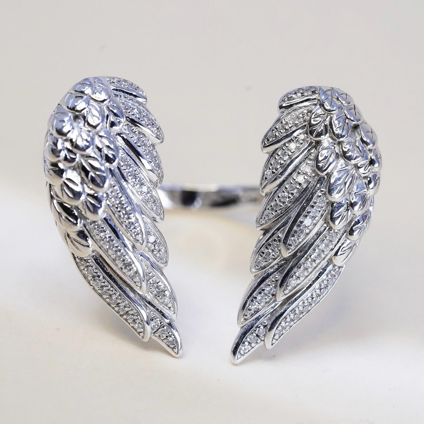 Size adjustable VTG EA sterling 925 silver angel wings ring cluster diamonds
