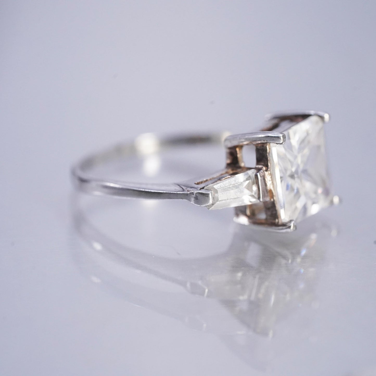 Size 6.25, vintage Sterling 925 silver engagement ring with square Cz