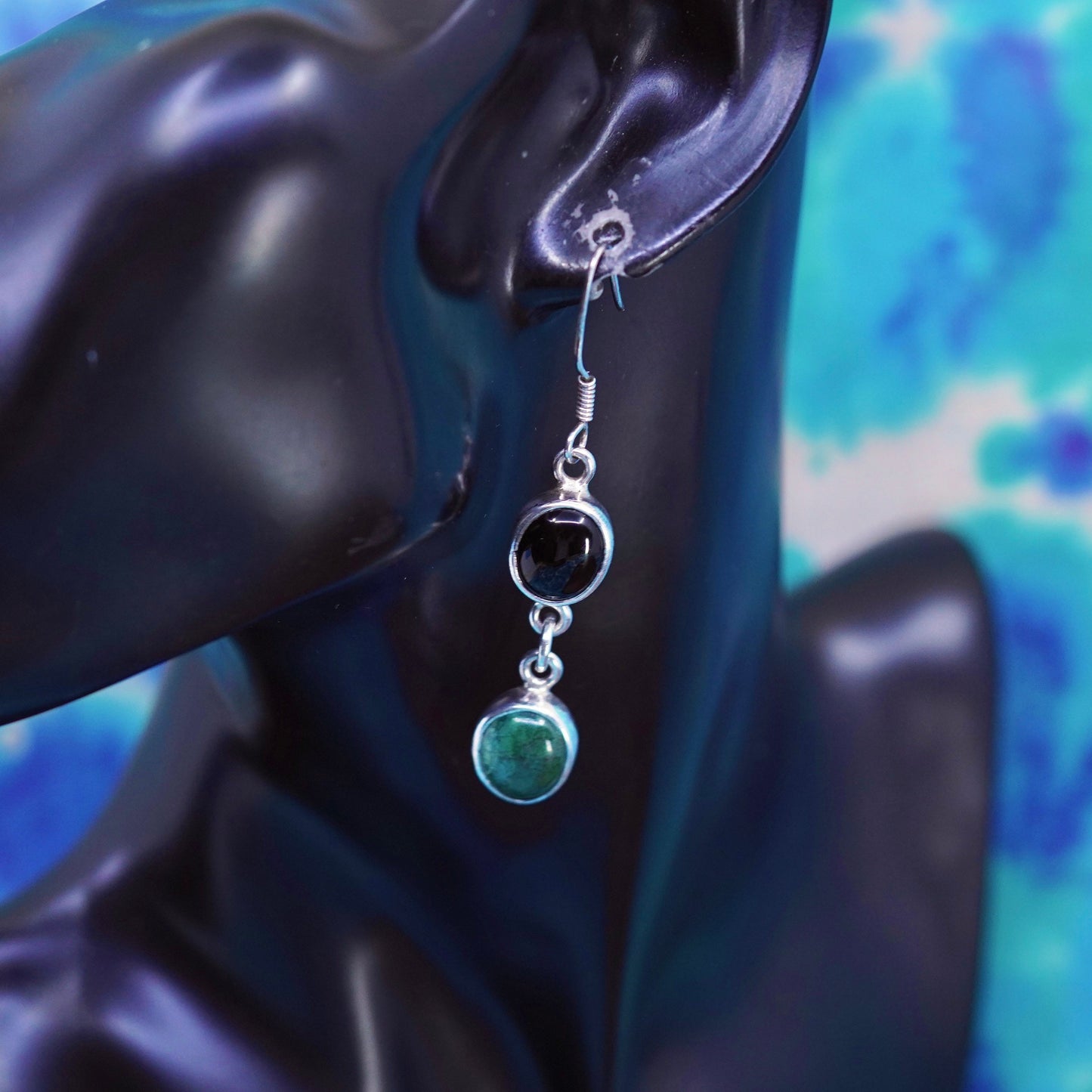 Vintage Mexico Sterling 925 silver handmade earrings with oval onyx turquoise