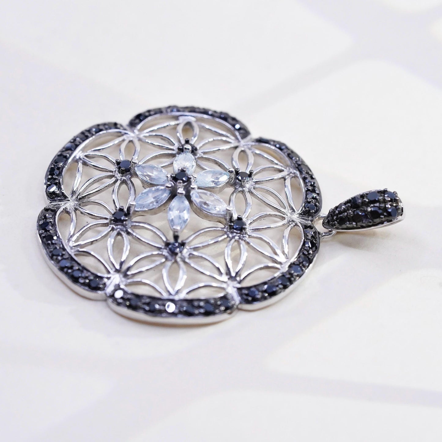 two tone sterling 925 silver filigree round pendant cluster clear CZ and spinel