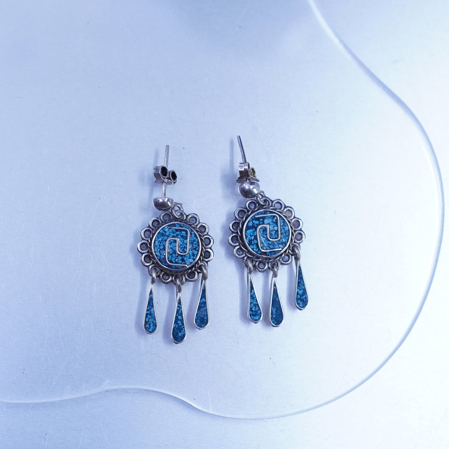 Vintage Mexican Sterling 925 silver handmade earrings w/ turquoise chips inlay