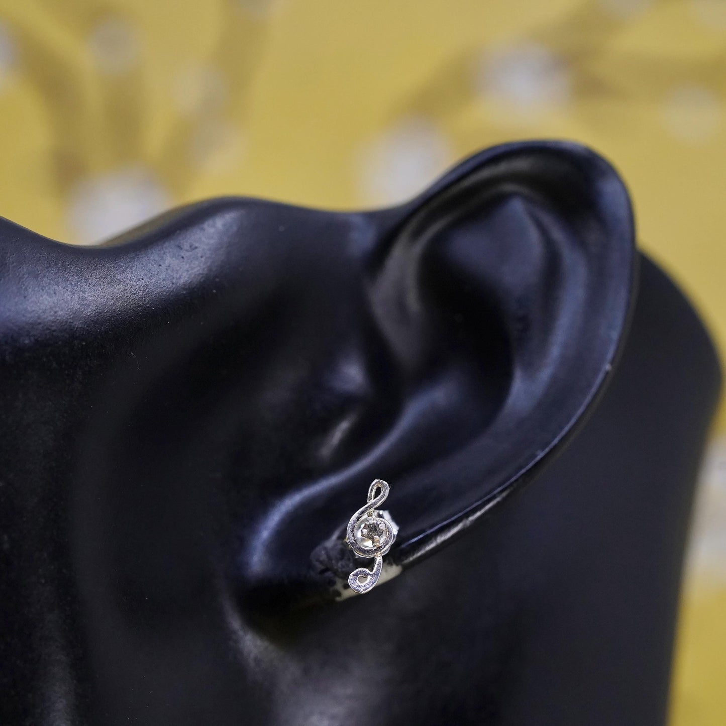 Vintage Sterling silver handmade earrings, 925 music note studs with cz