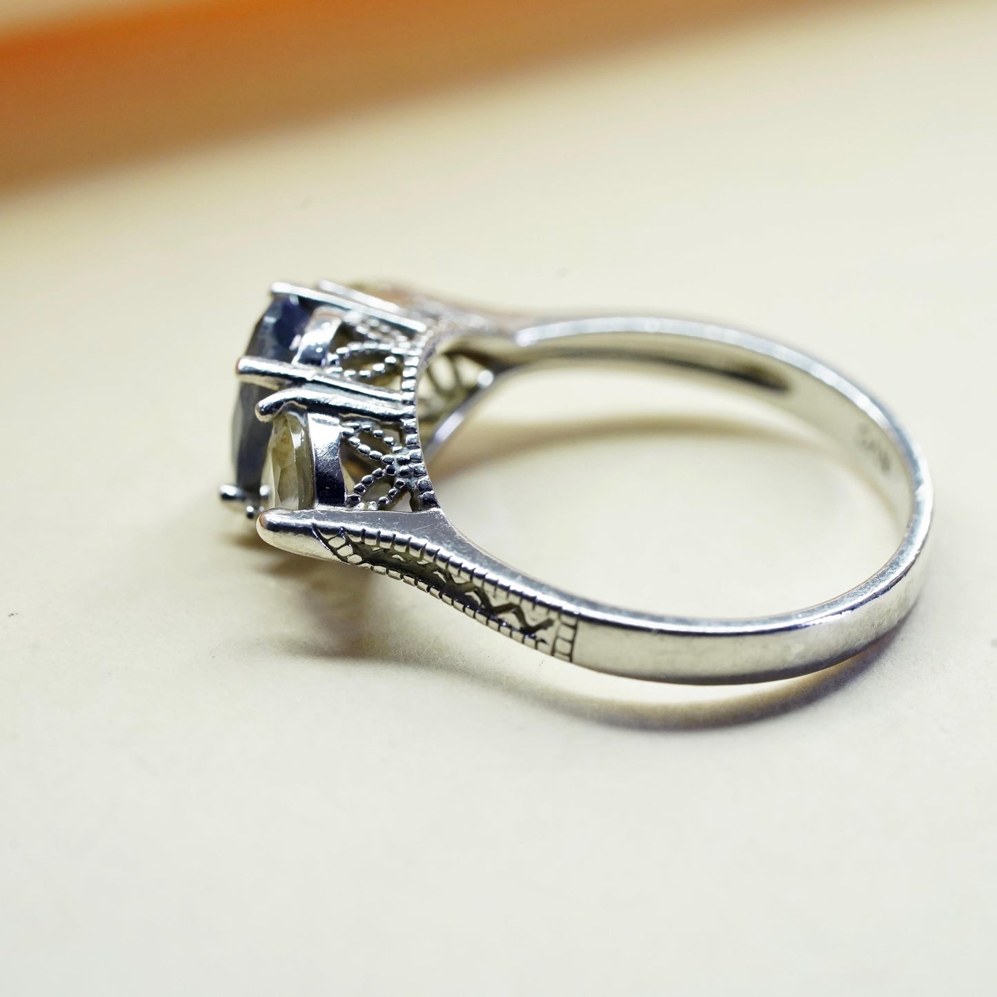 Size 8, vintage sterling 925 silver handmade ring with rainbow topaz and cz