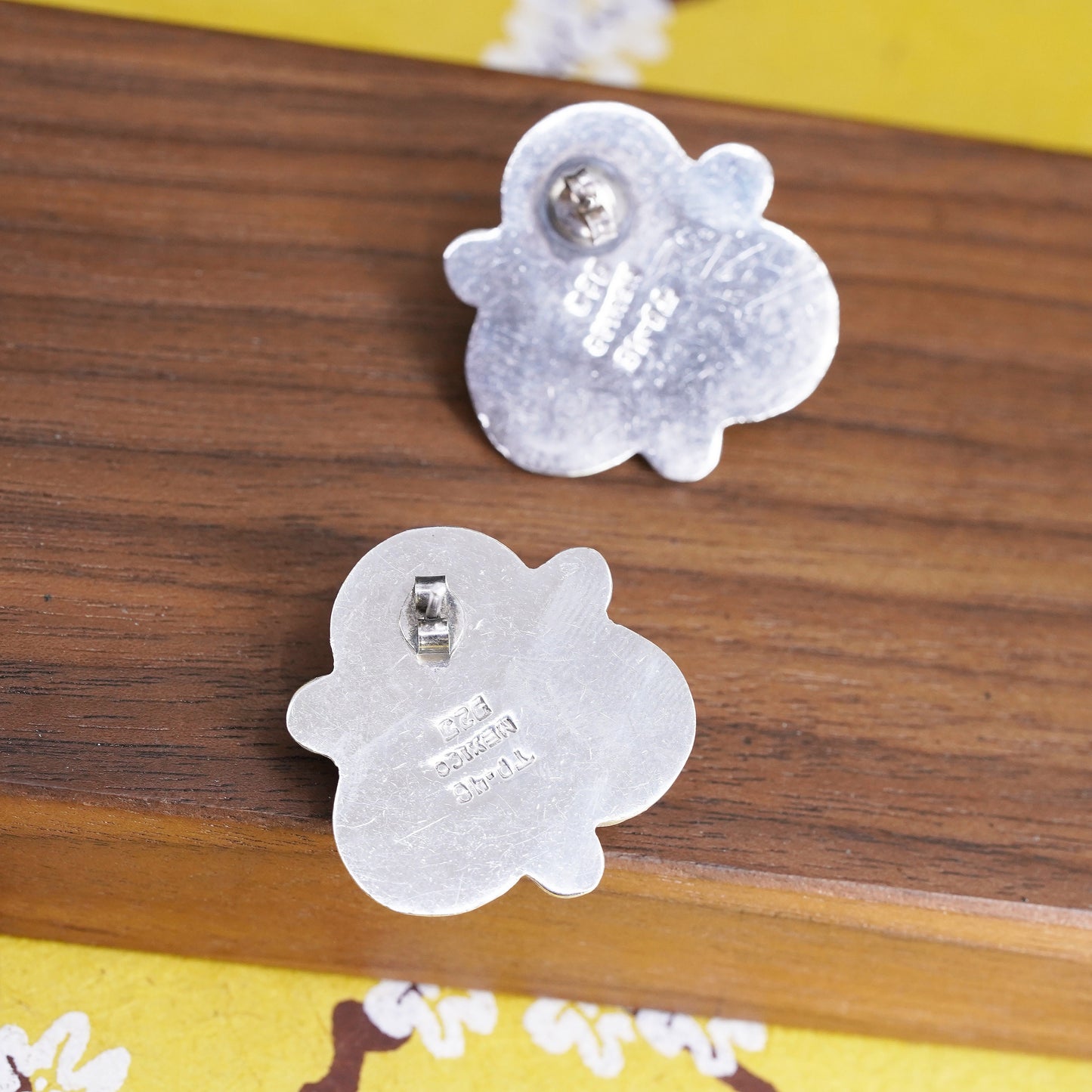Mexican Sterling silver earrings, studs, huge 925 floral studs with black onyx