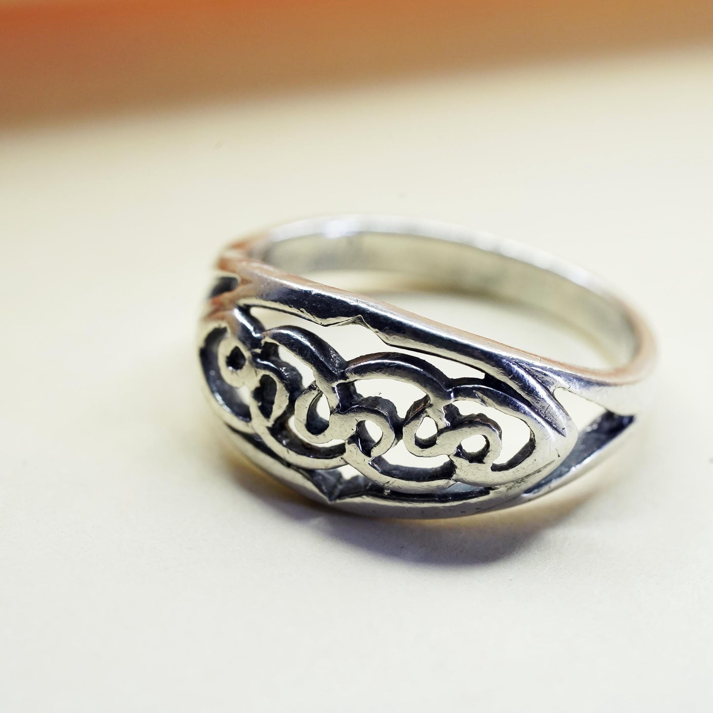 Size 8.75, Vintage sterling silver handmade filigree ring, 925 band