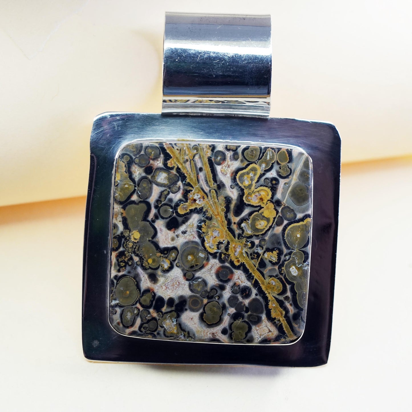 Vintage Mexican sterling 925 silver handmade huge pendant with square jasper
