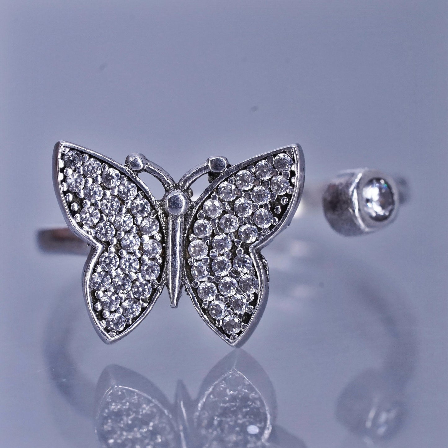 Size 9, vintage Sterling 925 silver adjustable ring, cluster Cz butterfly