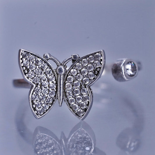 Size 9, vintage Sterling 925 silver adjustable ring, cluster Cz butterfly