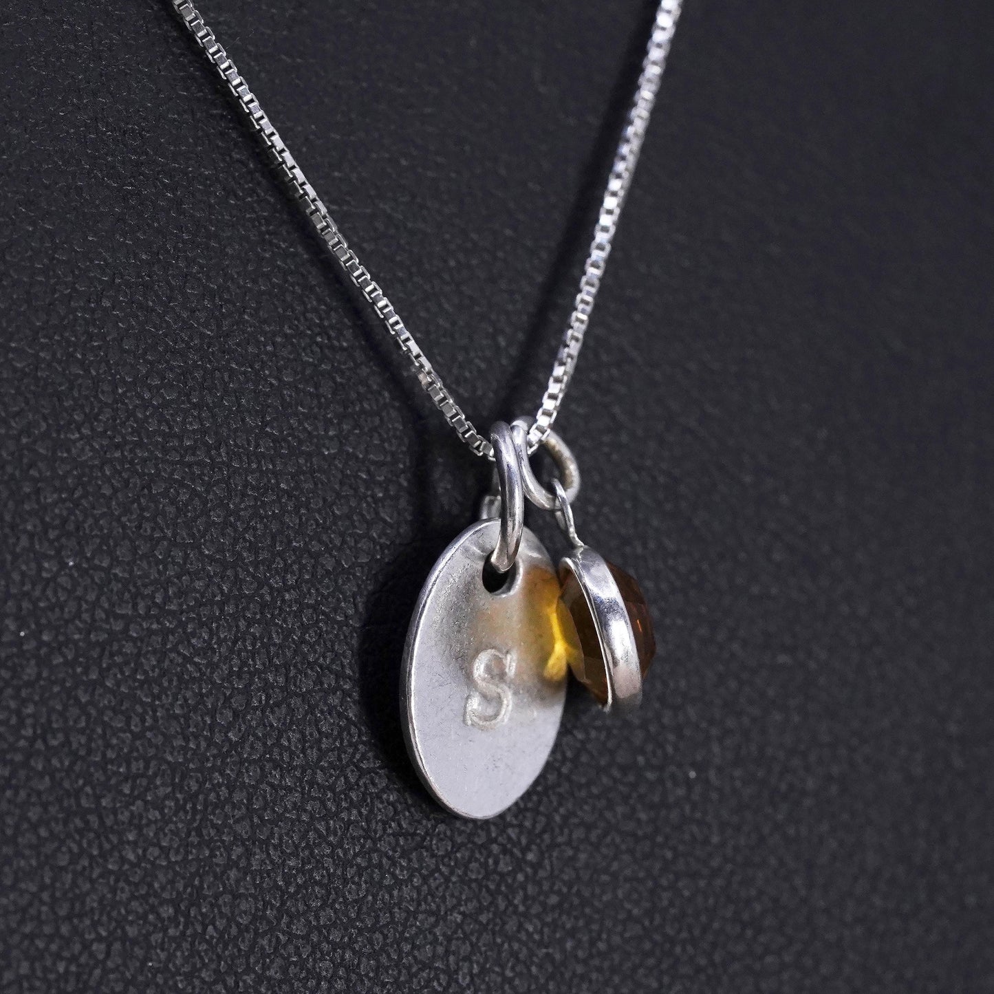 18", Sterling silver necklace, 925 box chain with letter S pendant and citrine