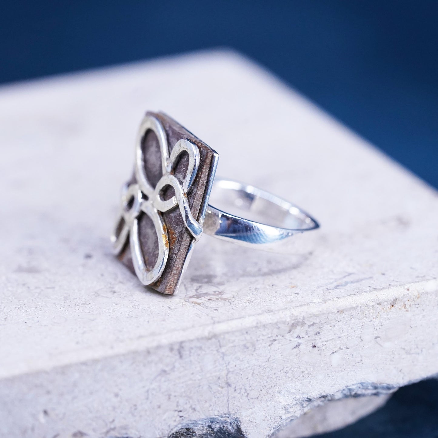 Size 7, vintage Sterling 925 silver handmade square ring w/ abstract butterfly