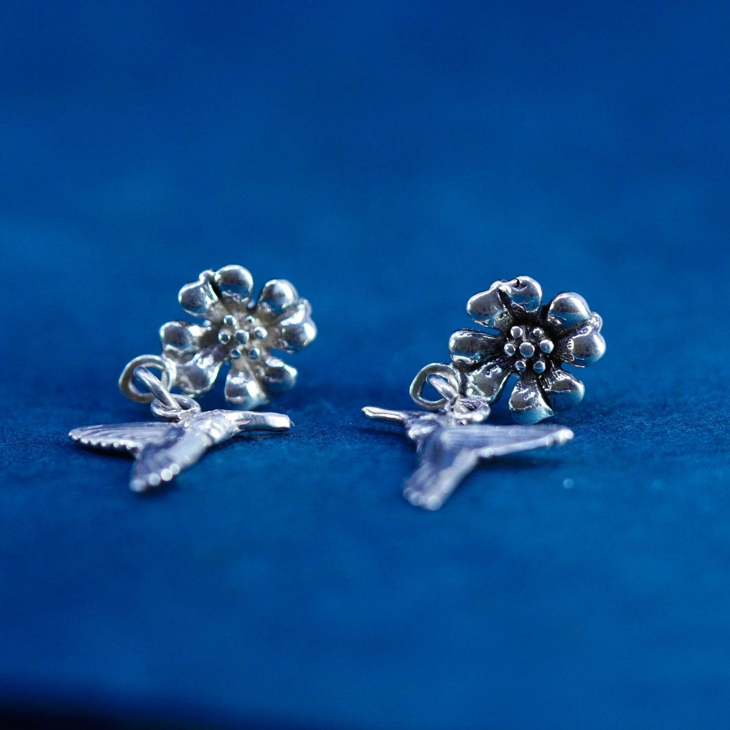 Southwestern silver handmade flower bird earrings, 925 hummingbird dangles