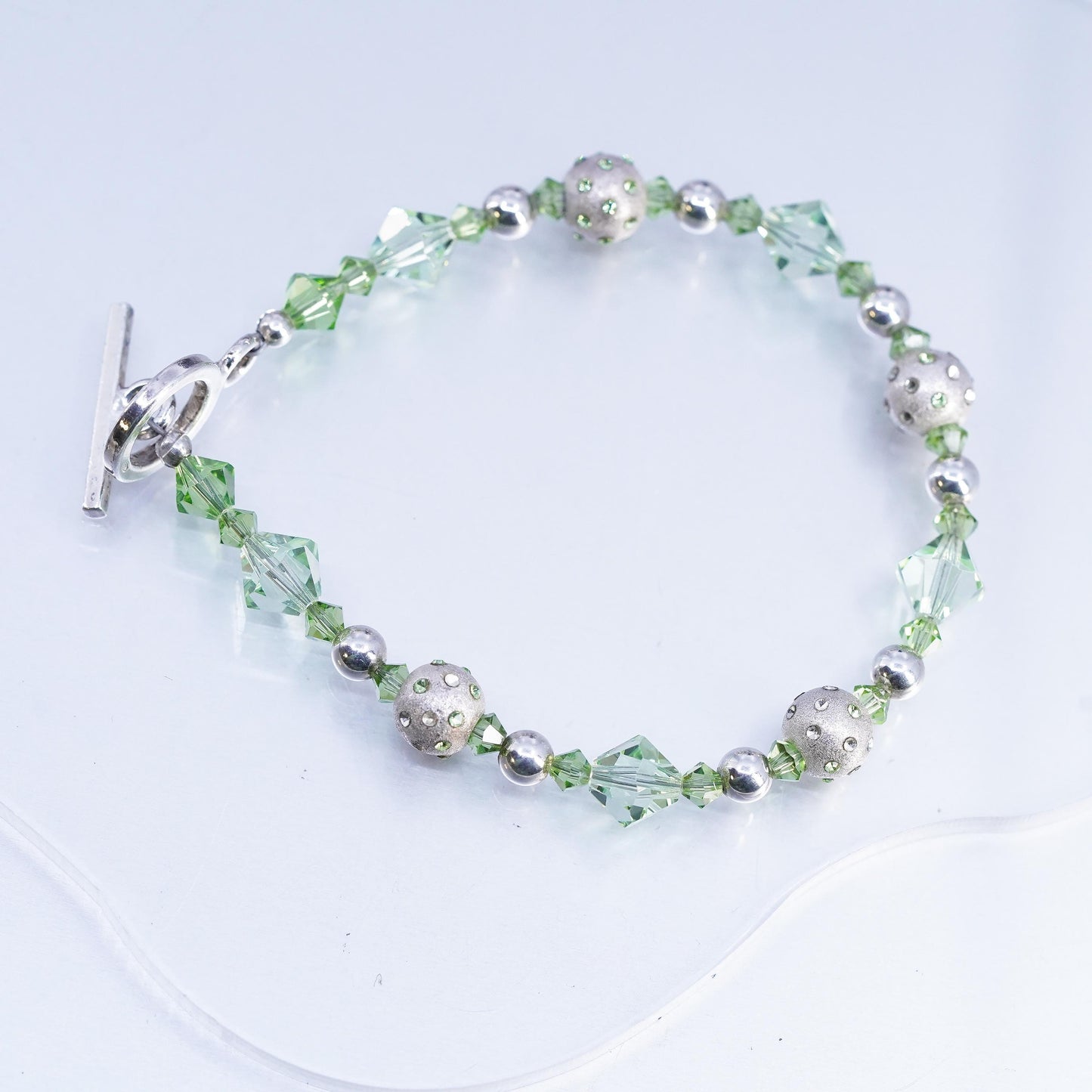 7", vintage Sterling 925 silver bracelet w/ green crystal beads toggle closure
