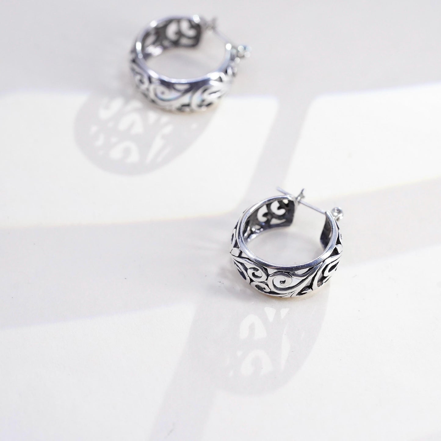 0.75", Vintage sterling silver loop earrings, filigree hoops