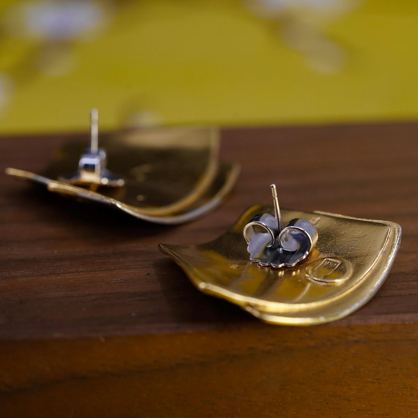 Vintage Two Tone Sterling silver handmade earrings, 925 modern studs with gold