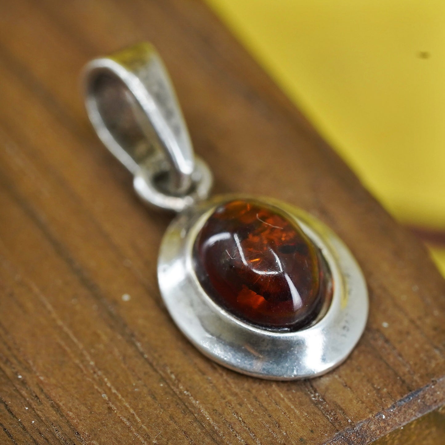 Vintage Sterling 925 silver handmade Sun pendant with Amber