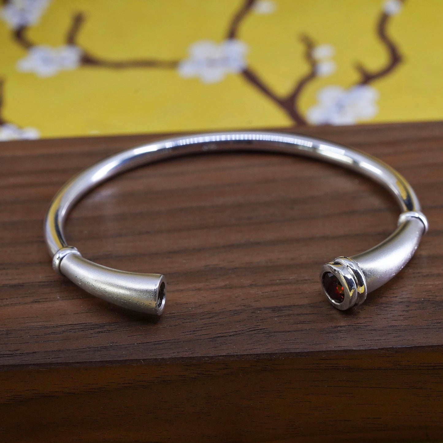 6.5", antique sterling silver handmade bracelet, 925 cuff with ruby end