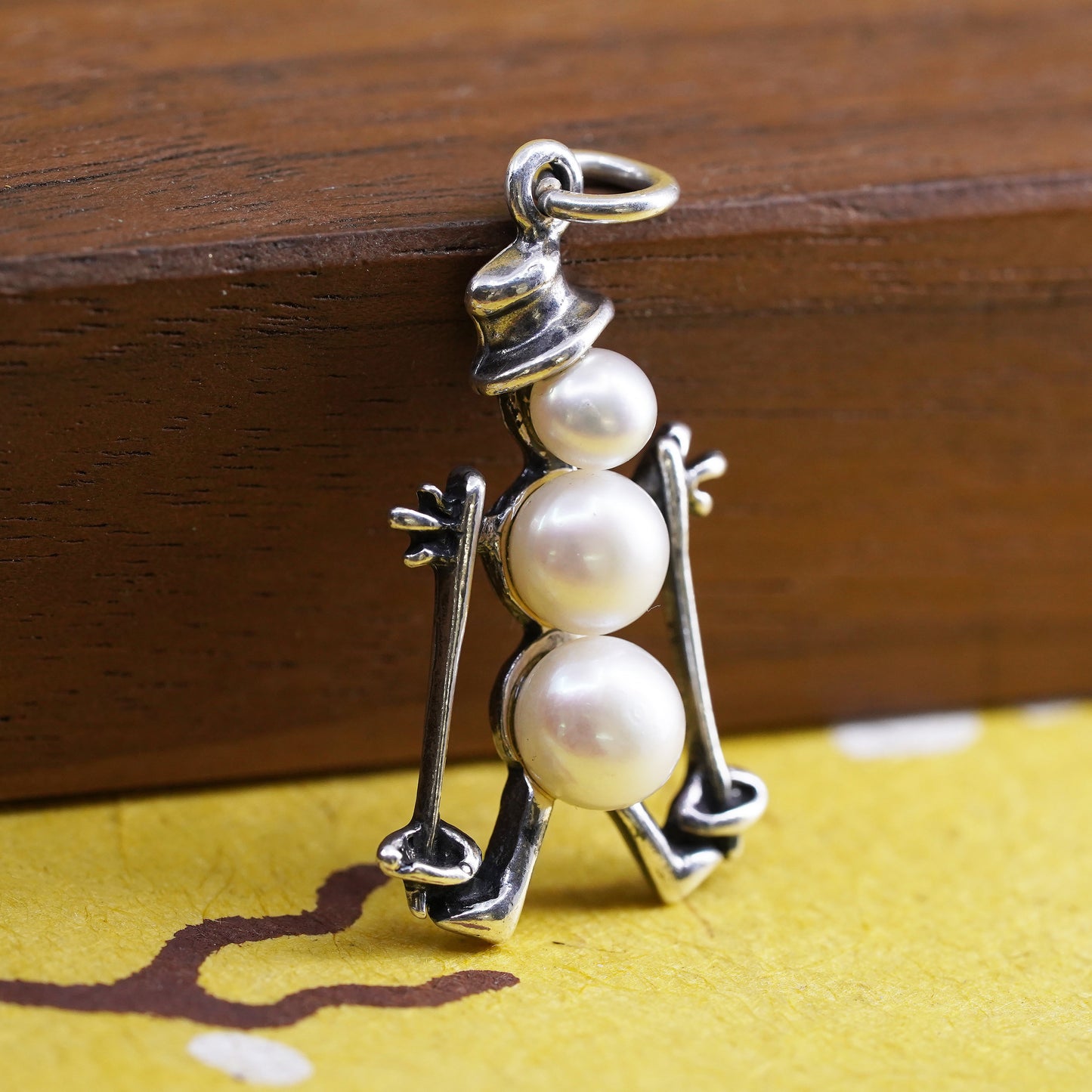 Vintage Sterling silver handmade charm, 925 snowman pendant with pearl