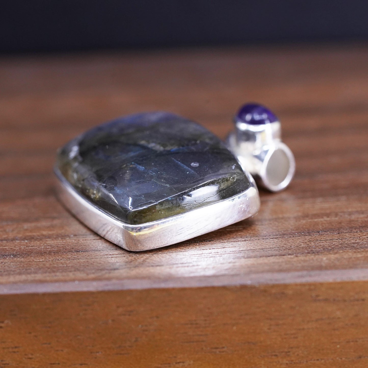 Vintage Sterling 925 silver handmade pendant with blue labradorite and amethyst