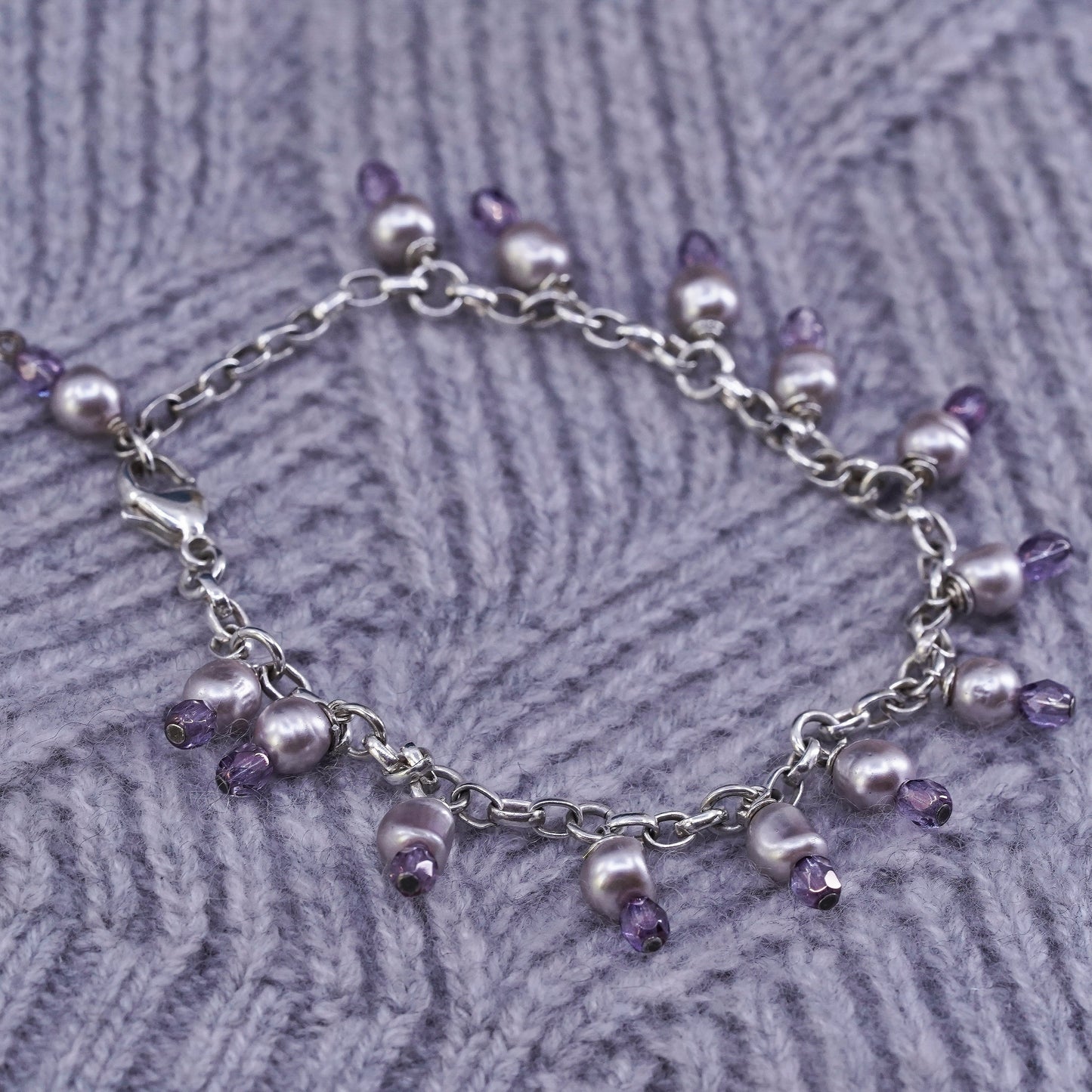 8.25”, vintage Sterling silver handmade bracelet, 925 circle chain gray pearl