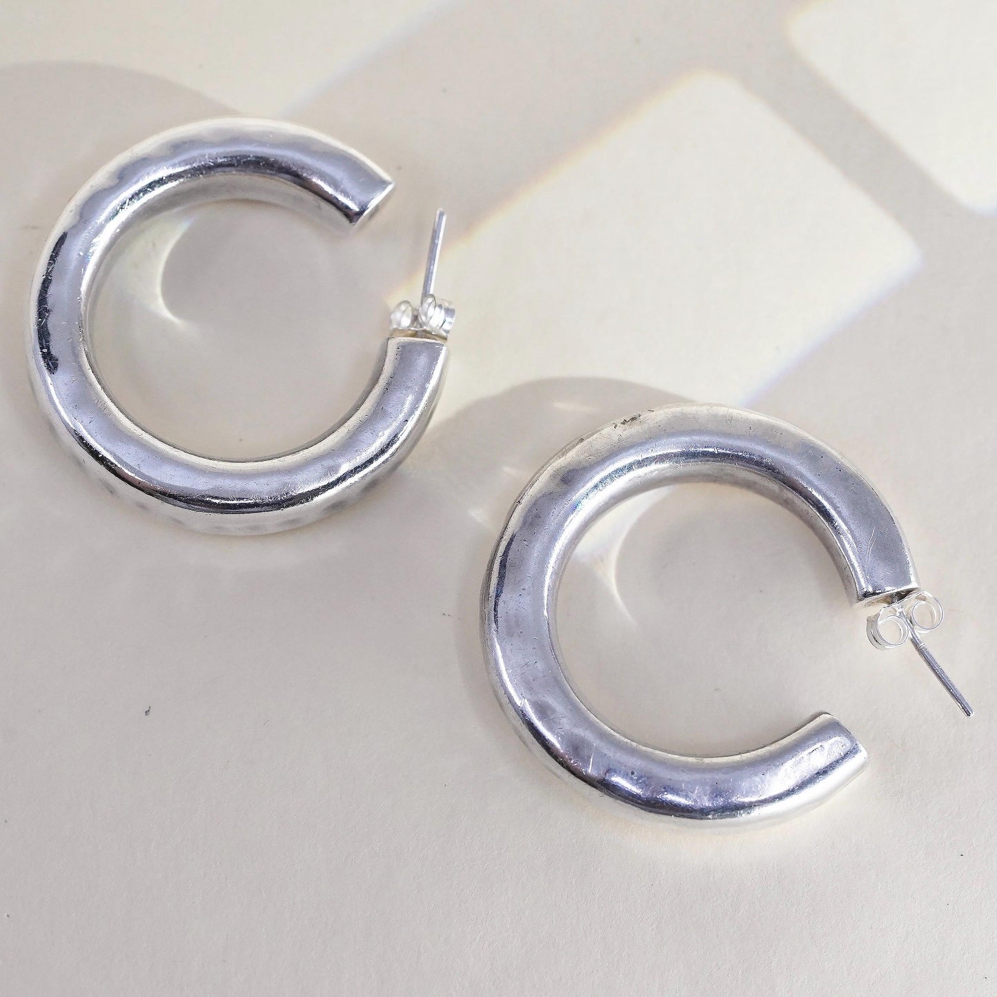 1.25” Vintage sterling 925 silver earrings, hammered textured bold hoops studs