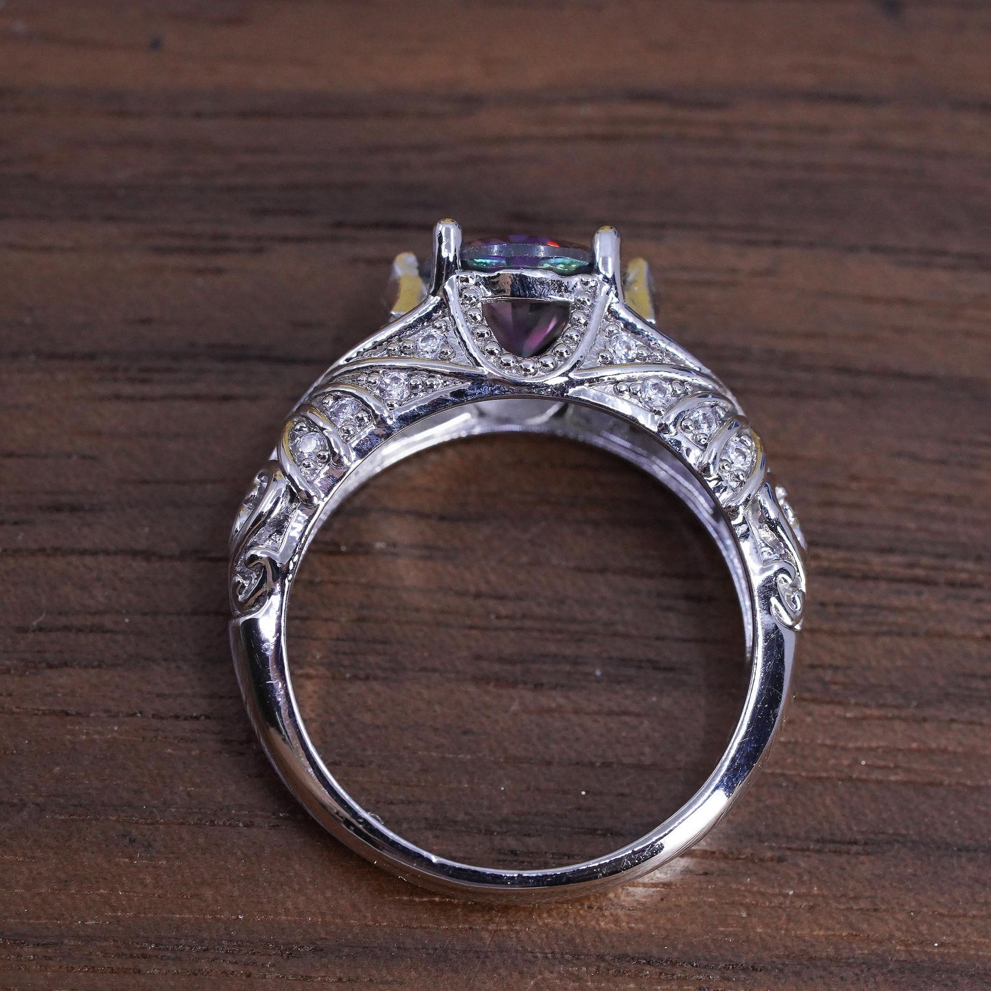 Size 8.25, vintage Sterling 925 silver ring with teardrop rainbow topaz cz