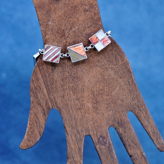 6+1”, vintage WC sterling 925 silver handmade square link bracelet with coral