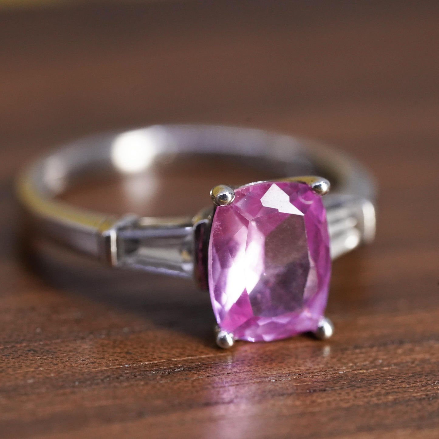 Size 7.25, vintage Sterling silver handmade ring, 925 band pink white sapphire