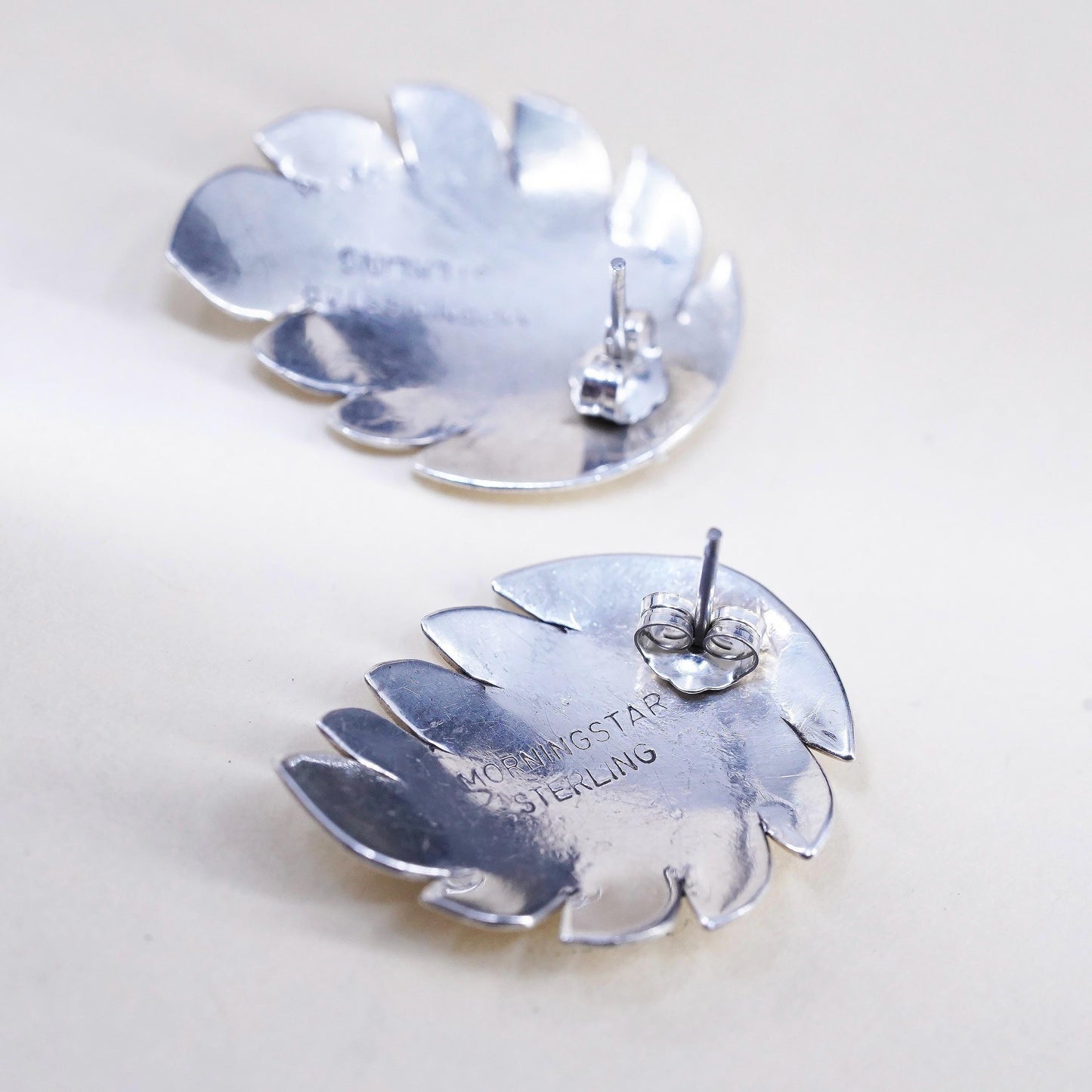 VTG Native American Morningstar sterling 925 silver earrings, curved leaf studs