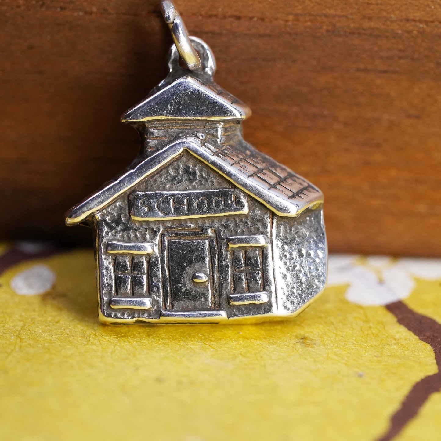 Vintage Sterling 925 silver handmade tag, school house charm pendant