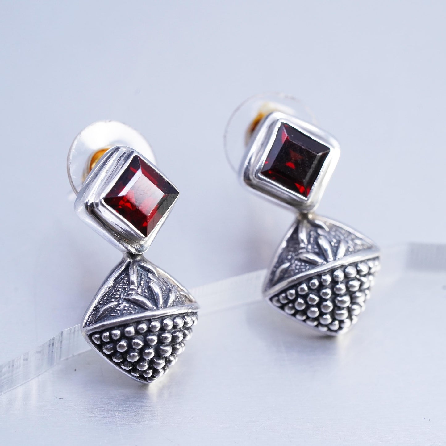 Sterling 925 Silver Garnet Earrings, Geometric Dangle Drops, Balinese Earrings