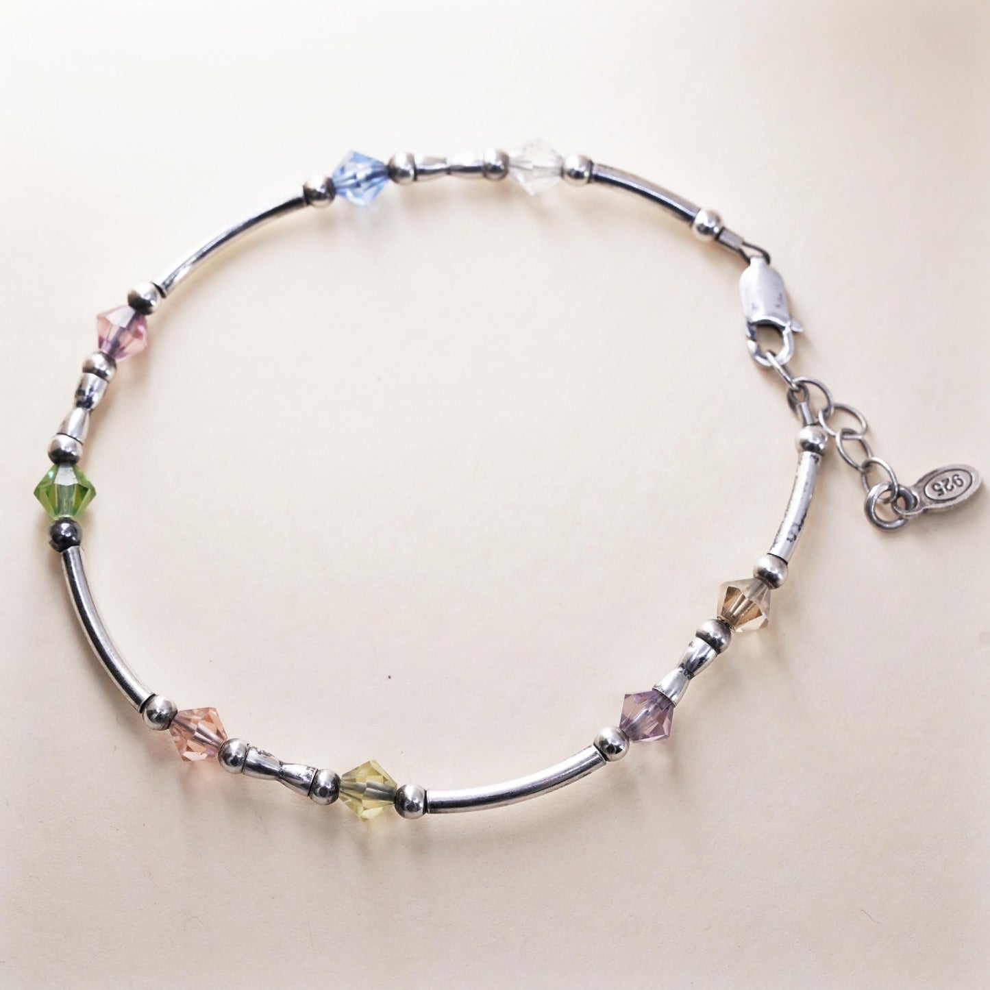 7.5", Vintage sterling silver bracelet, 925 silver cube bangle w/ crystal beads